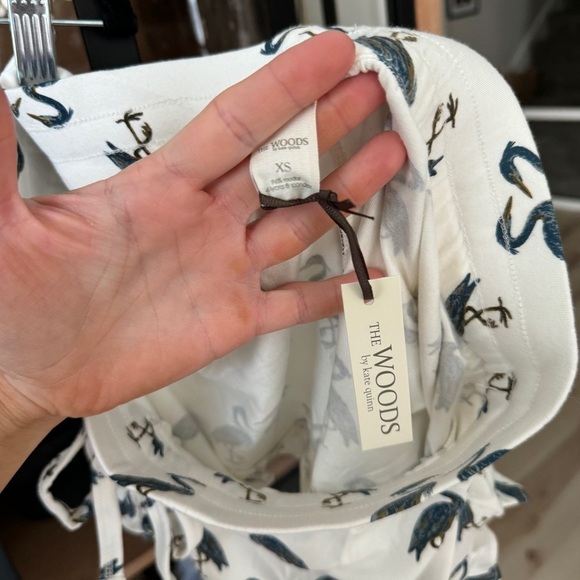 The Woods by Kate Quinn modal pajamas shorts ruffle heron birds print drawstring - Picture 2 of 5